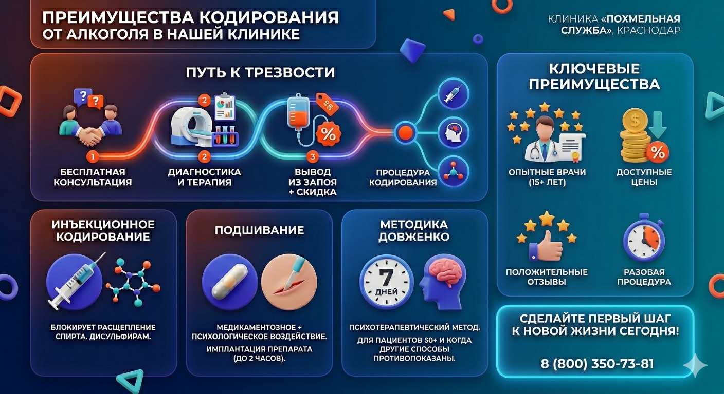 Инфографика о методах кодирования от алкоголя в Усть-Абакане: инъекции, подшивание, метод Довженко. Преимущества клиники и этапы лечения.