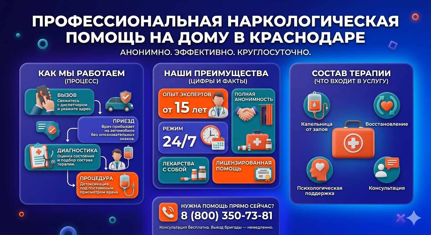 Инфографика о принципах лечения алкоголизма на дому в Усть-Абакане: этапы вызова нарколога, преимущества анонимной детоксикации и состав медицинской помощи.
